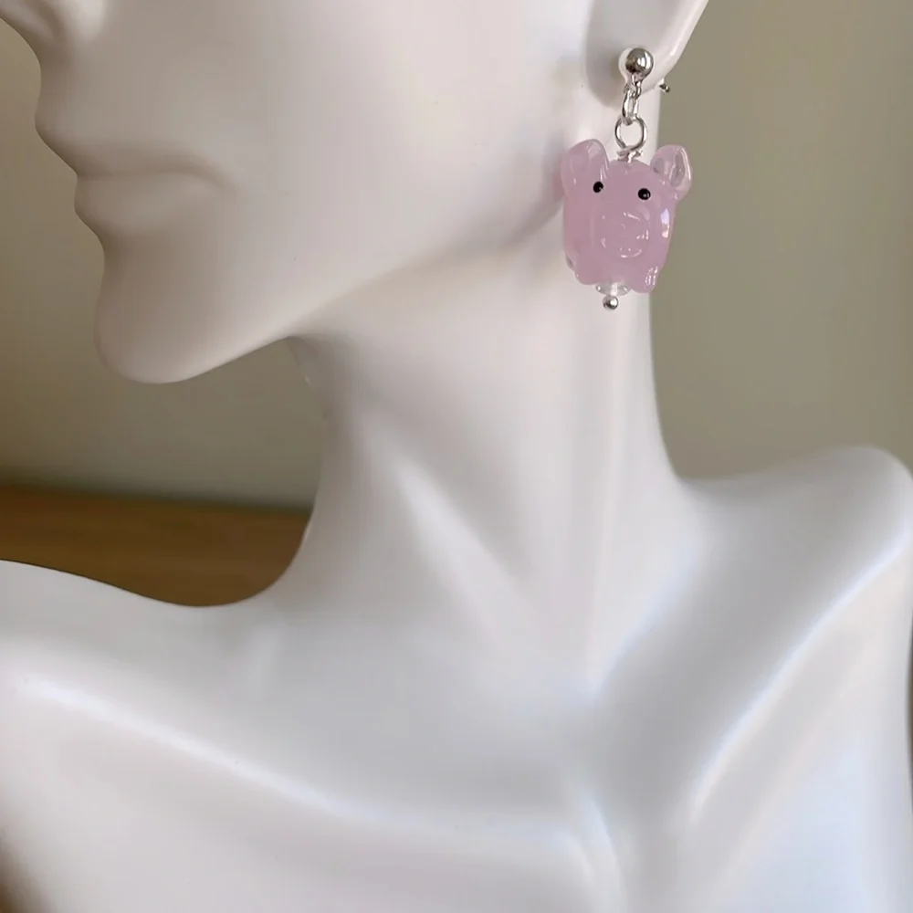 HAND CRAFTED PINK PIGLET EARRINGS Glass Pink Sterling Silver Posts Whimsical